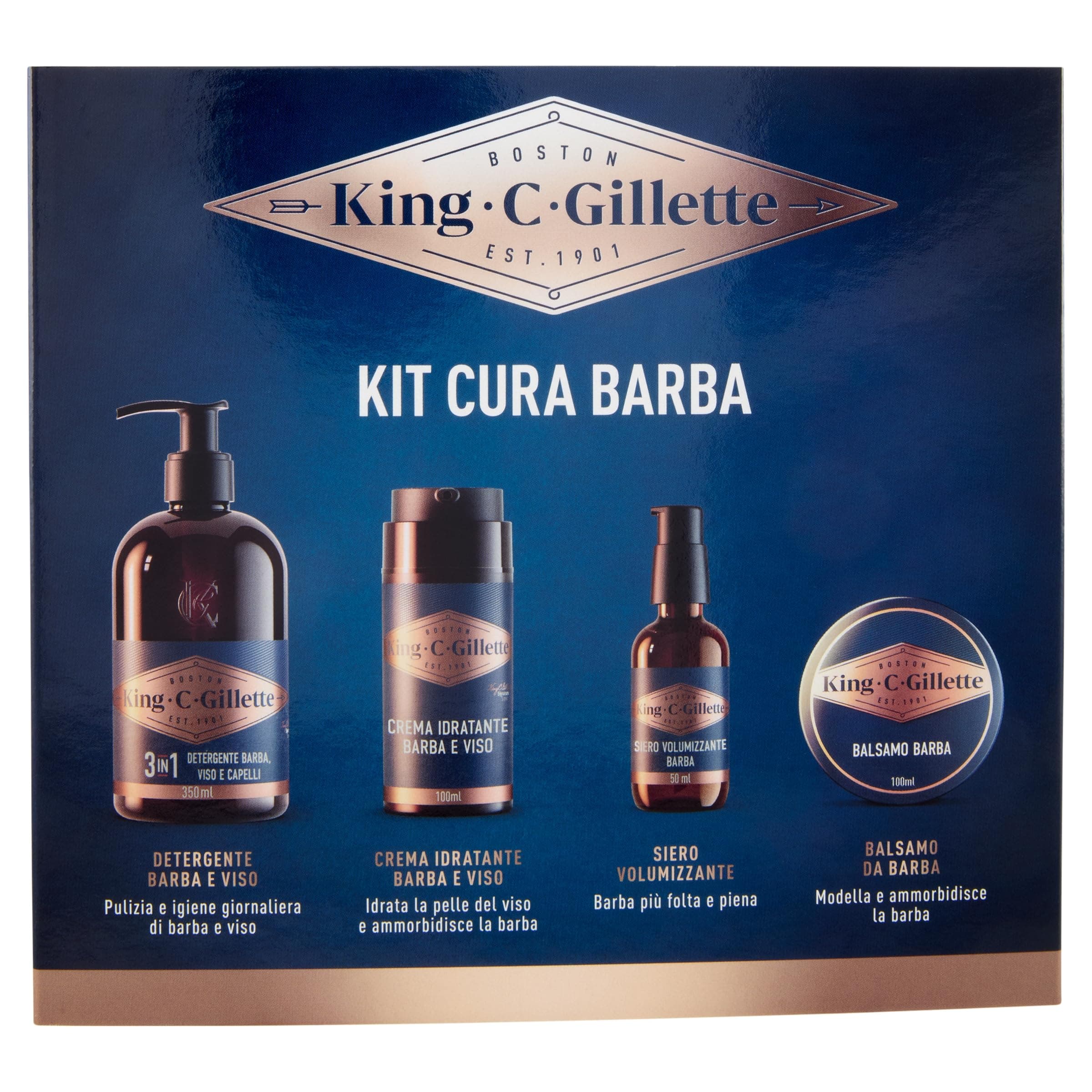 King C. Gillette Beard Care Kit for Men, Everyday Fragrance, 3 in 1 Beard and Face Cleanser 350ml, Balm 100ml, Volumising Serum 50ml and Moisturizer 100ml