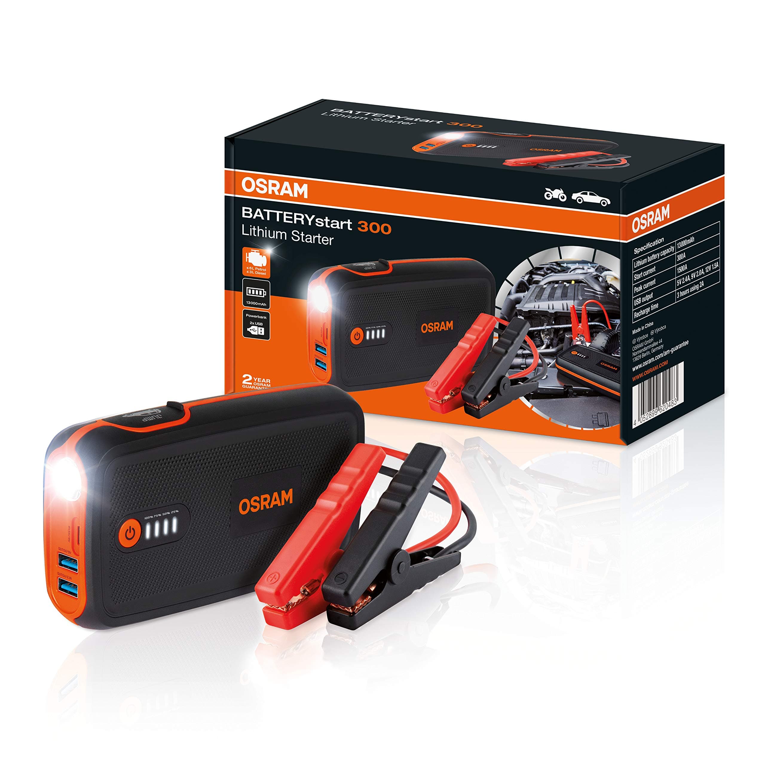 OSRAM BATTERYstart 300, Lithium Starter 13000mAh for Petrol Engines up to 6L and Diesel Engine 3L