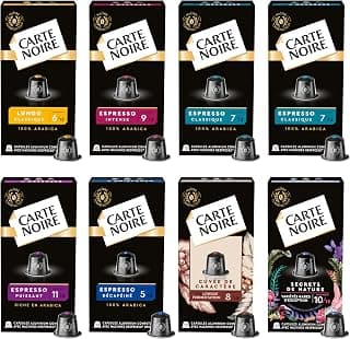 Nespresso CARTE NOIRE - Assortiment de 8 x 10 Capsules Aluminium - Compatibles Nespresso® - N°6 Lungo, N°7 Classique, N°9 Intense, Secrets de nature, N°5 Décaféiné, Cuvée de caractère, Puissant N°11