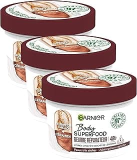 Garnier Garnier - Body Superfood - Crème Soin Corps Réparatrice - Hydratation 48H - Formule Vegan & à 97% d'Origine Naturelle - Au Beurre de Cacao & Céramide - Pour Peaux Sèches - 380 ml (Lot de 3)