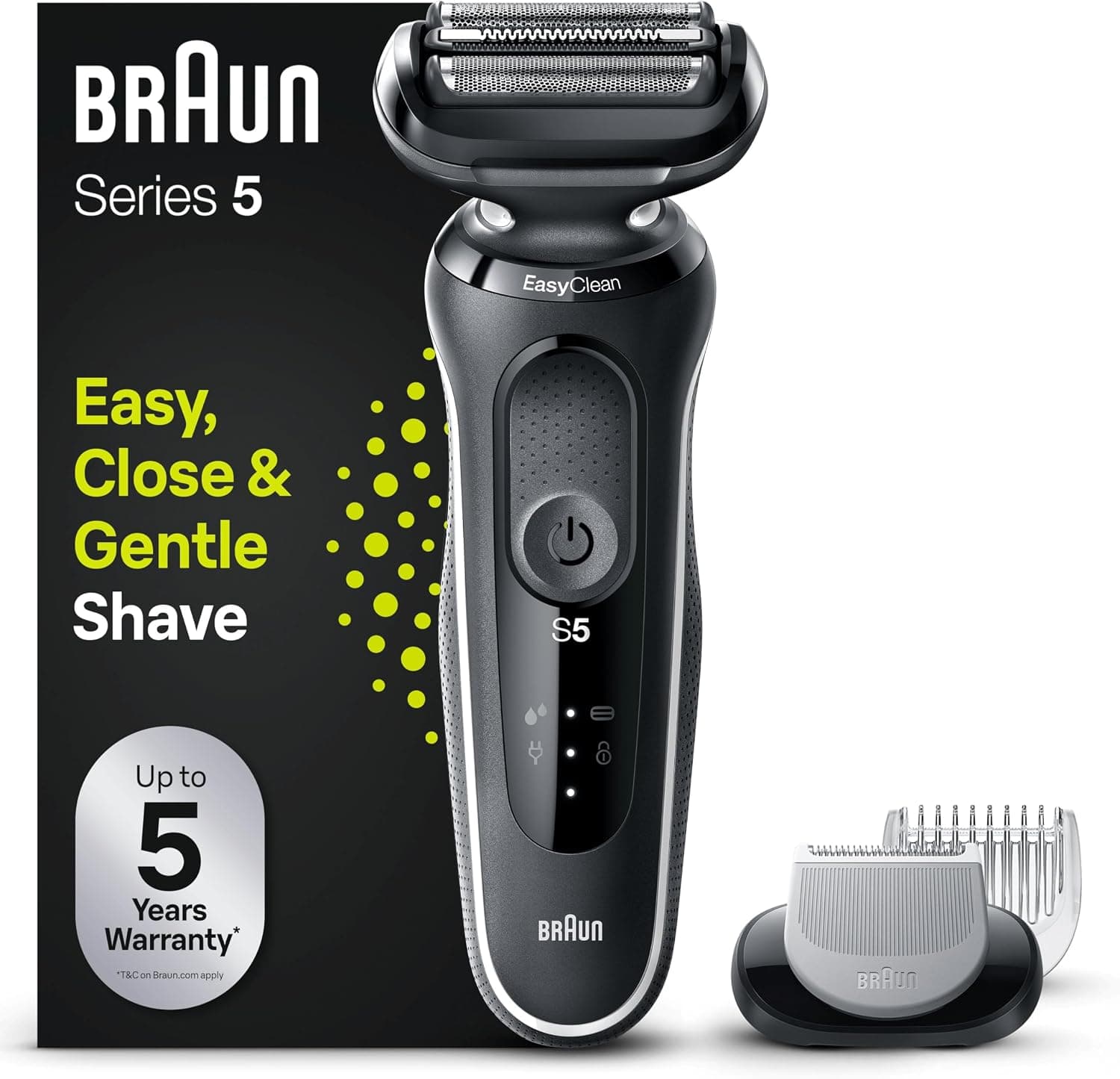 Braun Series 5 51-W1600s Rasoir Électrique Pour Homme Avec Accessoire Tondeuse Pour Le Corps EasyClick, Système EasyClean, Technologie Wet & Dry, Rechargeable, Rasoir À Grille Sans Fil, Blanc - Image 1