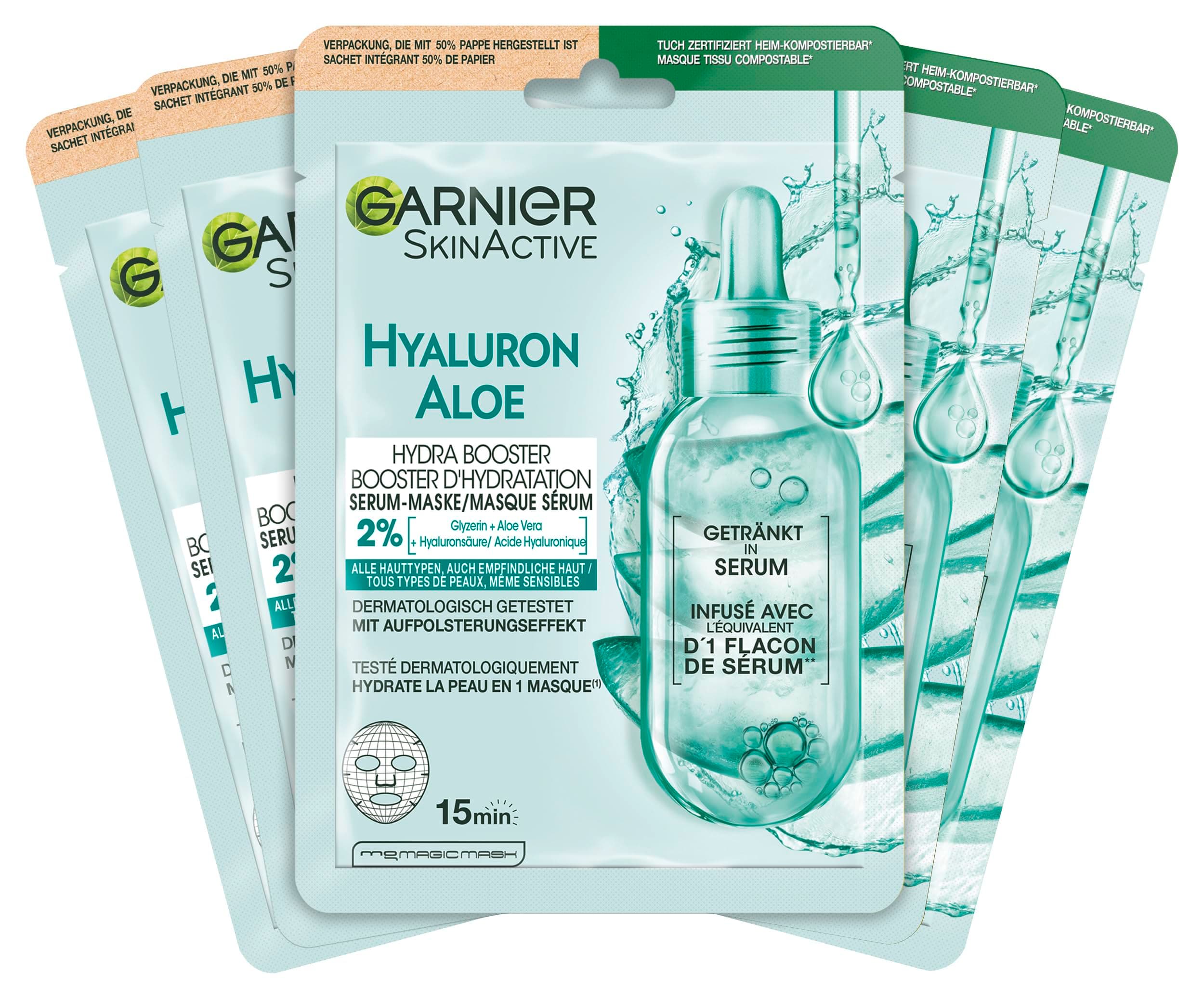 Garnier Masque facial pour tous les types de peau, rafraîchissant et hydratant, avec acide hyaluronique et aloe vera, Hydra Bomb, 5 x 28 g - Image 3