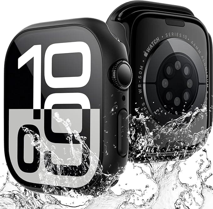 Apple TAURI 2 Pieces PC Waterproof Case for Apple Watch Series 11/10 46mm, [IPX8 Certified Waterproof] with 9H Tempered Glass Screen Protector, [Full Protection] Slim 46mm Case - Black