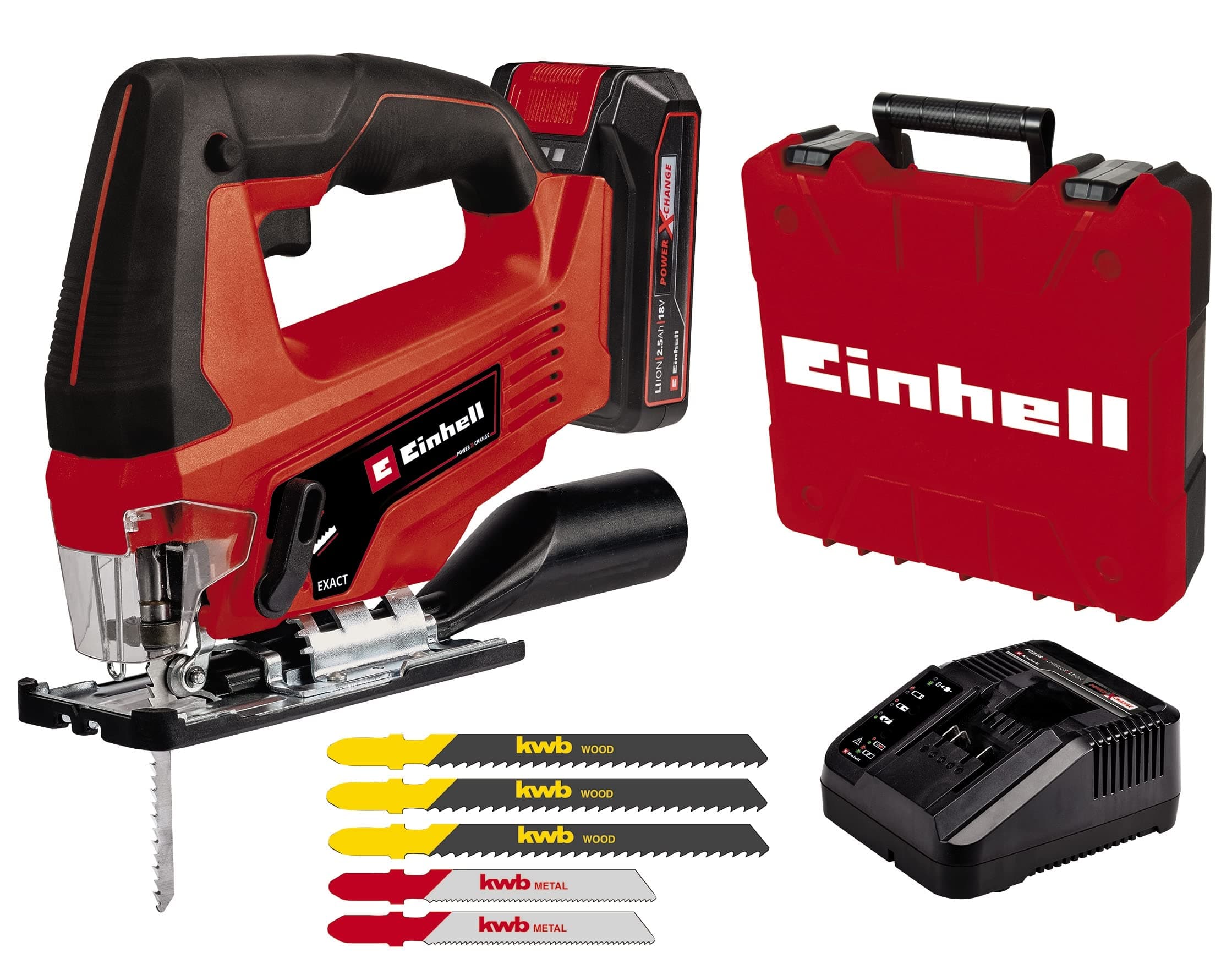Einhell Einhell Cordless Jigsaw TC-JS 18 Li Kit - Power X-Change (18V, 3 wood blades and 2 metal blades included) Comes with 2.5Ah Battery and Charger
