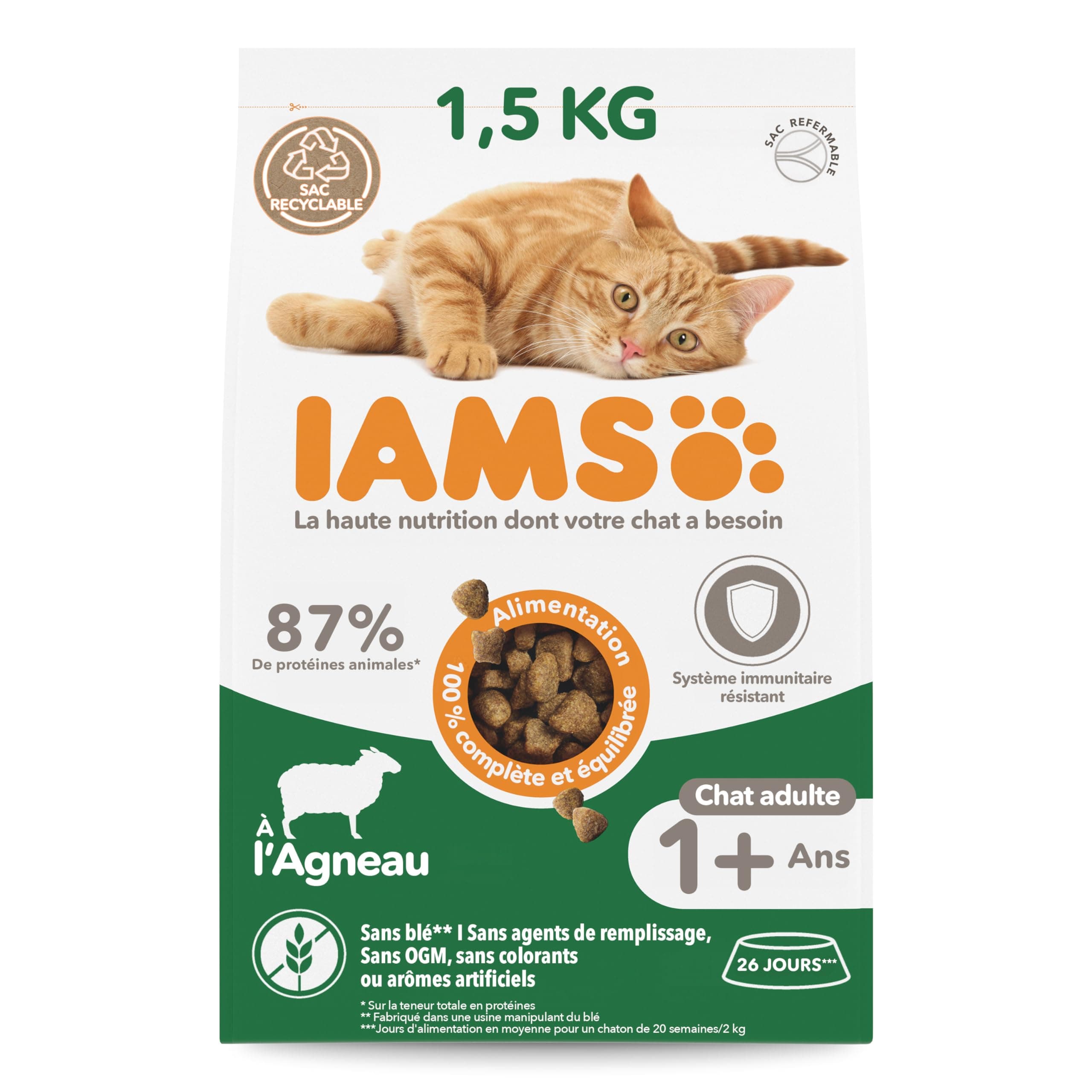 IAMS Vitality - Croquettes Premium Chats Adultes 100% Complètes Et Ã‰quilibrées - A L'Agneau - Sans OGM Colorant Arôme Artificiel - Sac Refermable 1,5 - Image 2