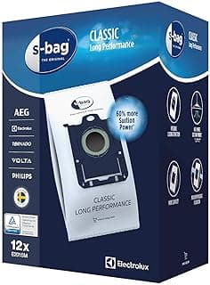 E201SM Sac Aspirateur S-bag Classic Long Performance, 12 sacs, optimise le flux d'air avec le matériau synthétique résistant du sac, adapté à de nombreux types d'aspirateurs