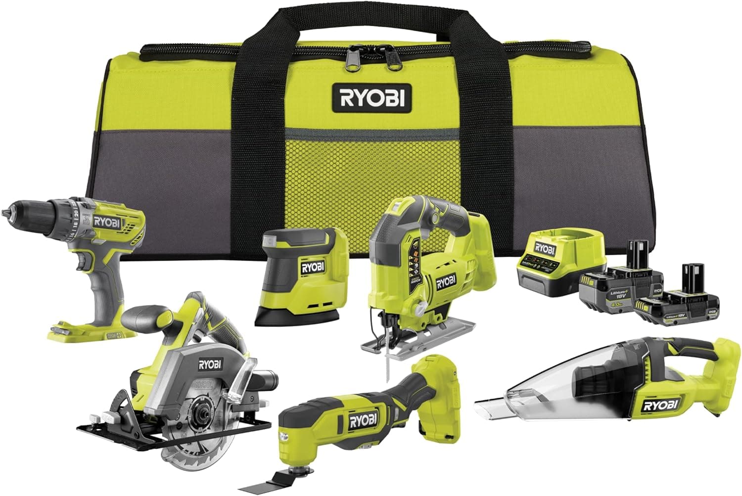 RYOBI - Kit 6 outils 18V ONE+ RCK186O-242SZL : Percesue à percussion 50nm, Scie sauteuse, Ponceuse triangulaire, outil multi-fonction
