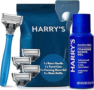 Harry's Kit de rasage pour homme – Rasoir humide avec 5 lames, manche bleu, housse de voyage, gel à raser 60 ml