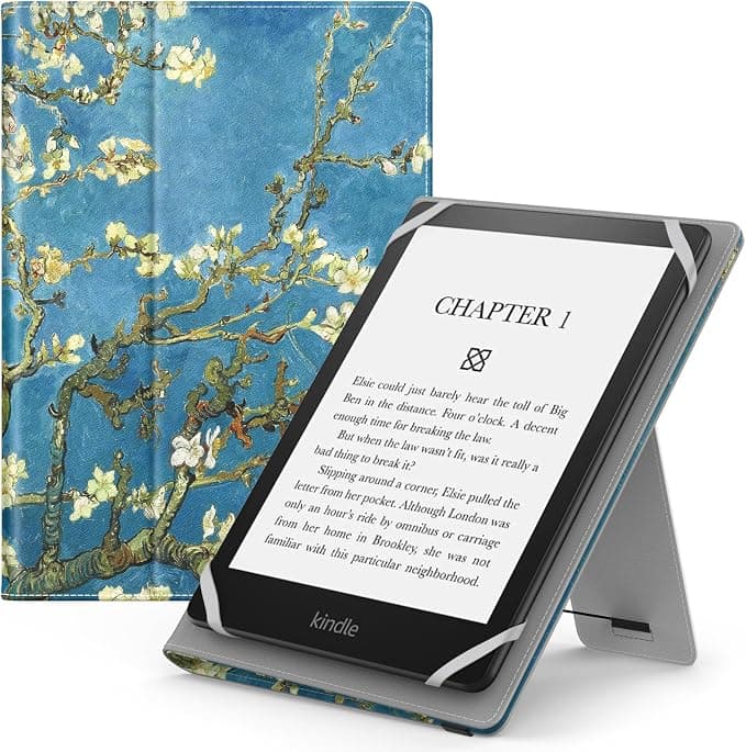 Moko Universal Case for Kindle eReaders Fire 6" 6.8" 7" Tablet - Kobo/Voyaga/Lenovo/Sony Kindle E-Book - Lightweight PU Leather Flip Case Cover with Hand Strap/Kickstand - Apricot Flower - Image 1