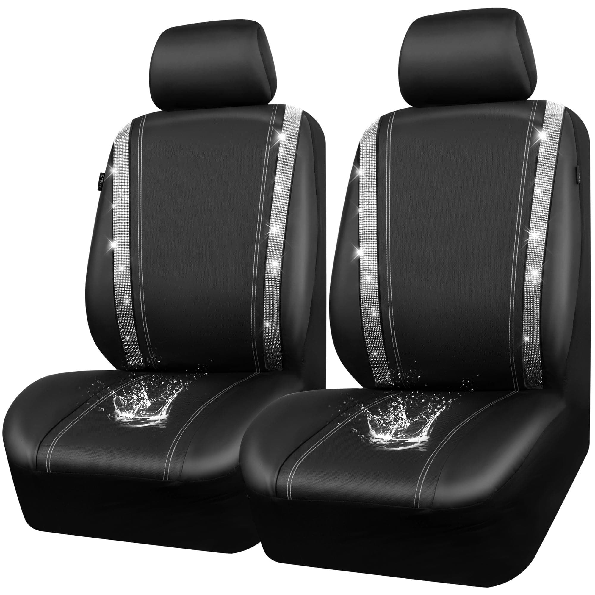 CAR PASS Waterproof Leather Car Seat Covers, Bling Diamond Shiny Sparkling Crystal, Universal for 95% of All Automobiles Trucks SUV Women Men (Front, Silver)