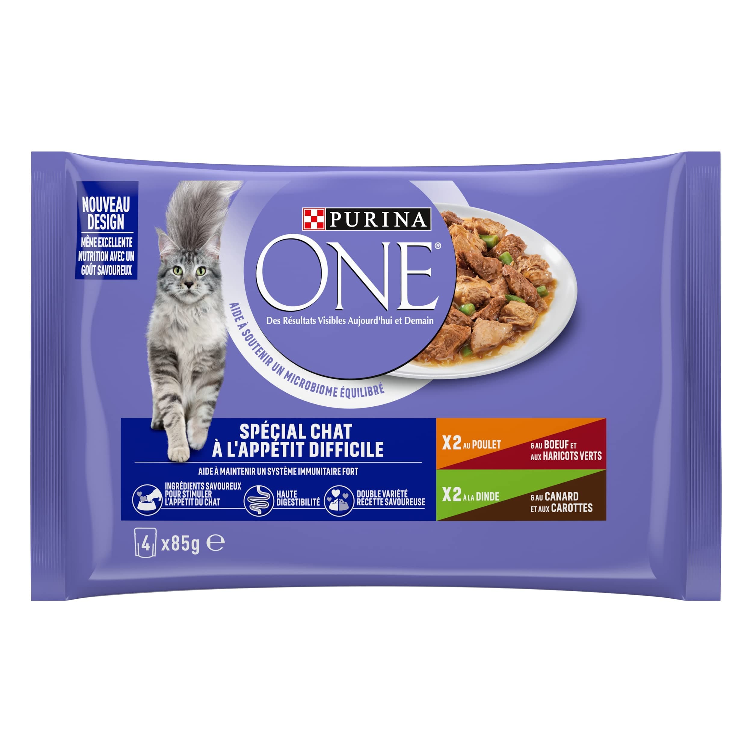 PURINA ONE | Benefits | Adult Cat with Difficult Appetite | Sliced in Sauce | Stimulates the Cat's Appetite, High Digestibility | Chicken & Beef & Turkey & Duck | Lunch Bag | Pack of 12 (4 x 85g)