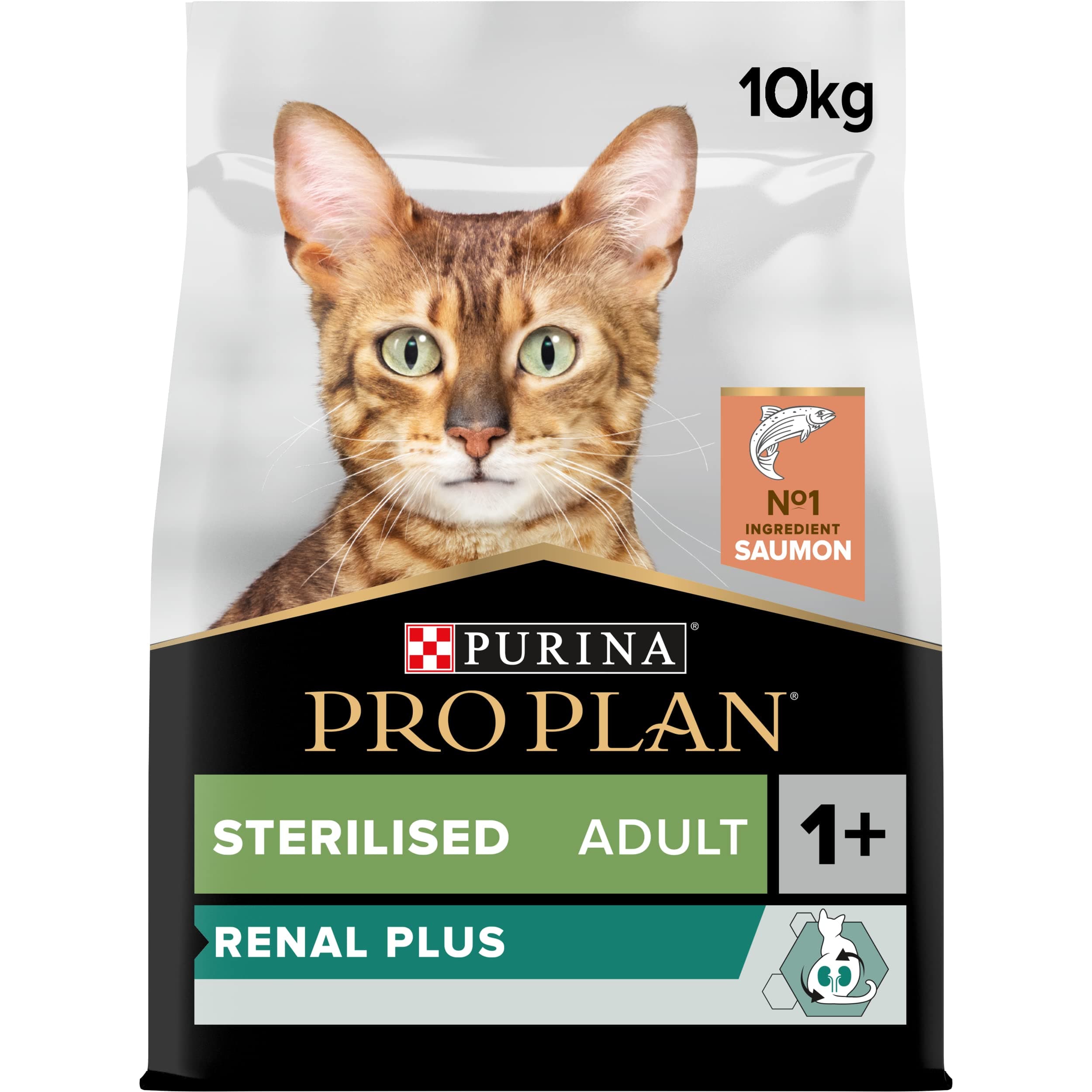 PURINA PRO PLAN | Renal Plus | Cat | Complete Dry Food for Sterilized Adult Cats | Helps maintain healthy kidney function and urinary system | Salmon | Bag | 10 kg