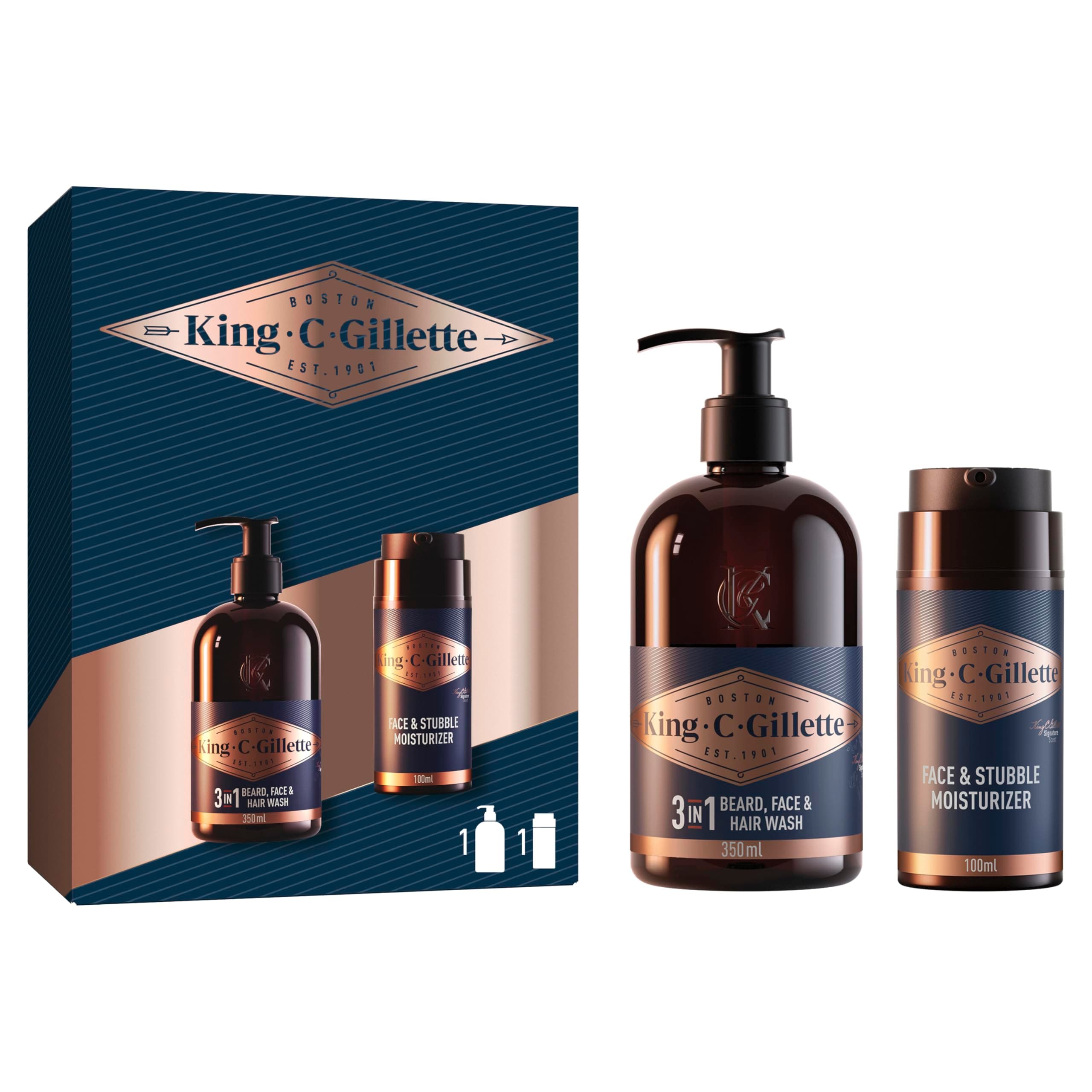 Gillette Gillette King C. Men's Beard Kit, Hair & Skin Care Set, Includes 3-in-1 Beard Cleanser, Face & Hair 350ml, Moisturizing Care 100ml, Signature Refreshing Fragrances
