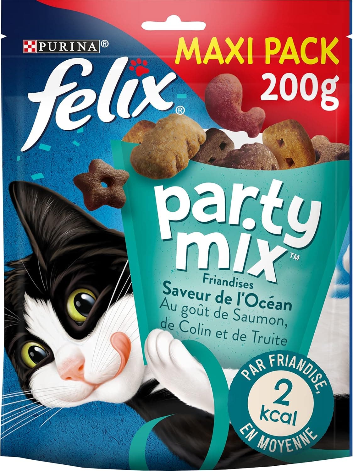 Felix | Party Mix | Adult Cat Treats | Rich in Protein, Vitamins, Fatty Acids & Omega 6 | Irresistible Taste Ocean Flavour: Salmon, Colin, Trout | Bag | Pack of 5 x 200g