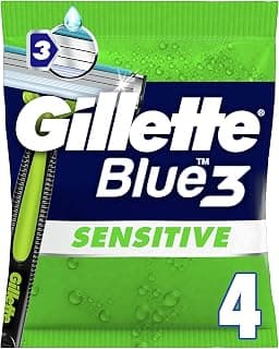 Blue 3 Sensitive Men's Disposable Razors with Swivel Head and Lubricating Strip for Gentle Facial Shaving, 4 Pack