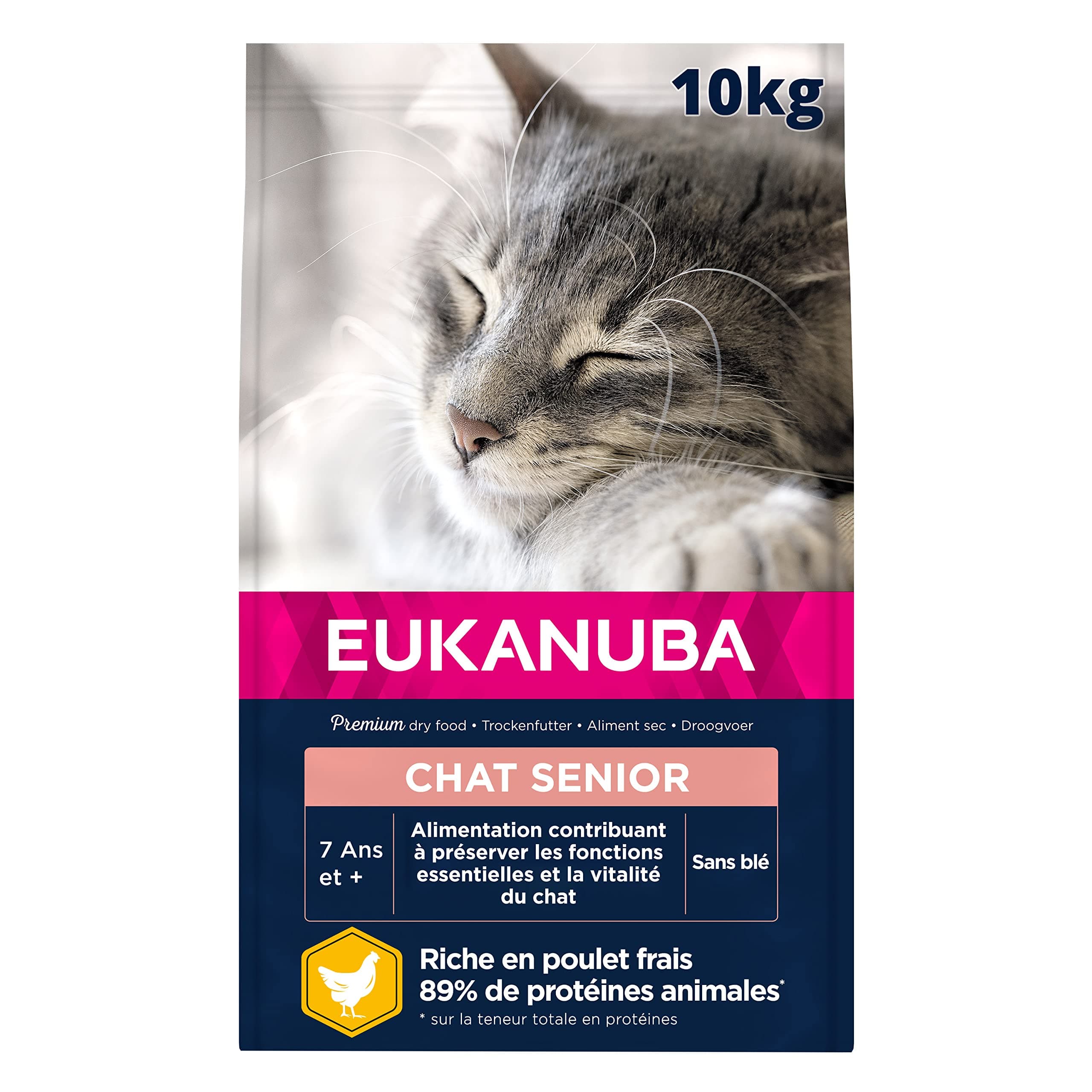 EUKANUBA Premium Dry Food for Senior Cat - 100% Complete and Balanced Food - Rich in Rice - Fresh Chicken - L-Carnitine - Non-GMO, Wheat Free - Resealable Bag - 10kg