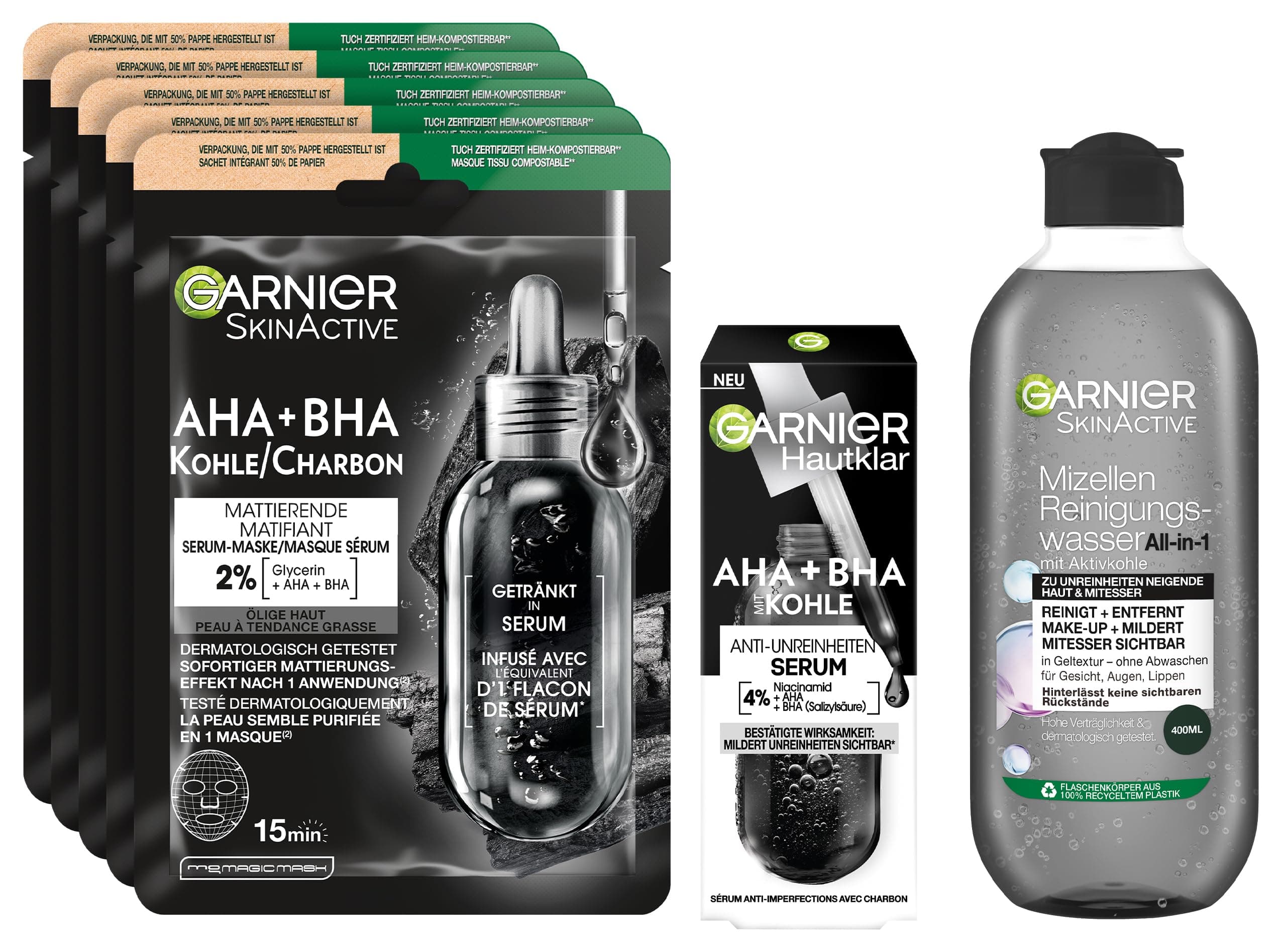 Garnier SkinActive Black Skin Routine Kit de soin du visage avec 5 masques noirs, tonique micellaire et sérum AHA BHA pour un teint plus uniforme sur les peaux normales ou à imperfections - Image 9