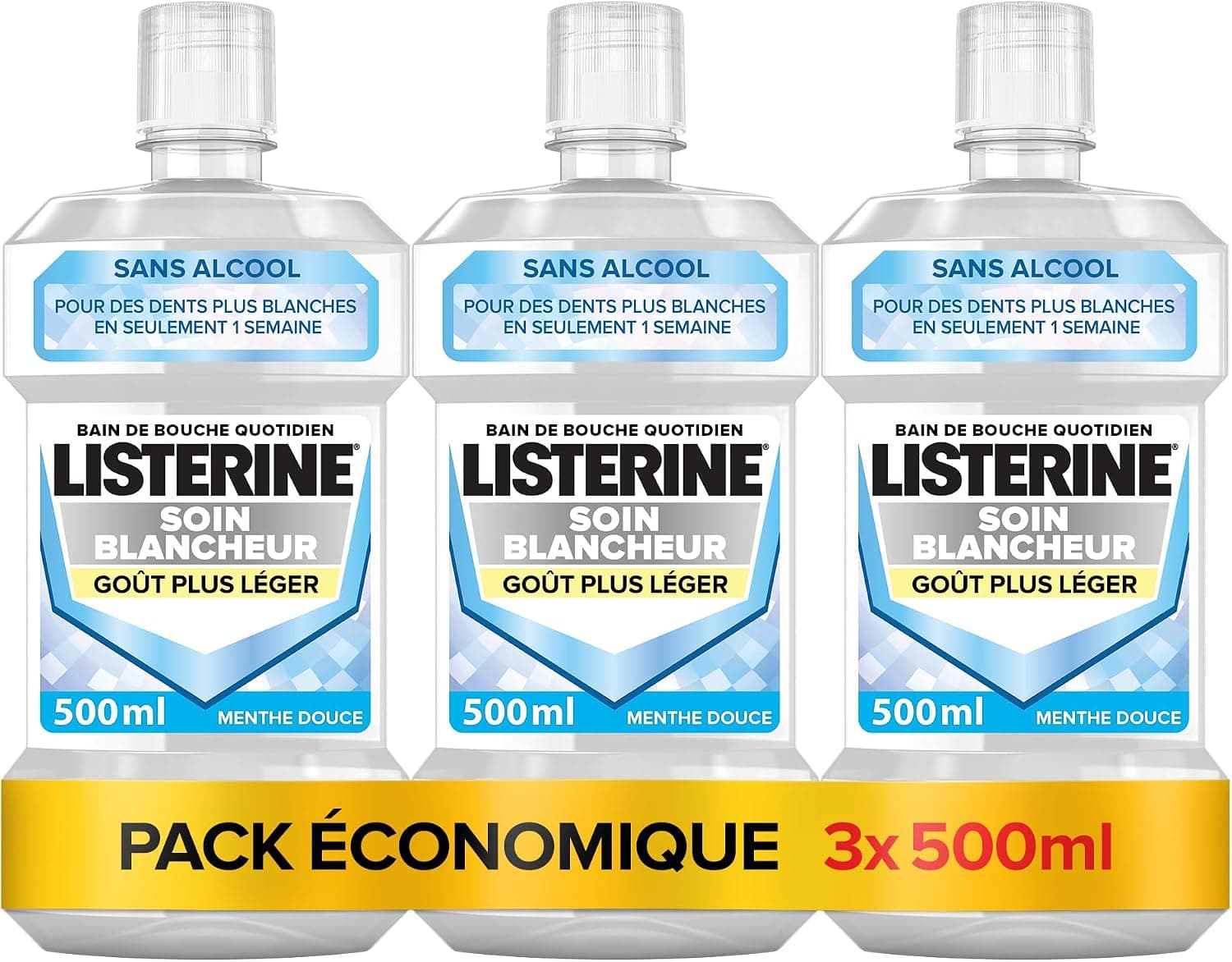 Listerine – Bain de bouche Soin Blancheur Goût Plus Léger 0% alcool (lot de 3 bouteilles de 500 ml) – Bain de bouche blancheur menthe douce – Sans alcool pour des dents plus blanches