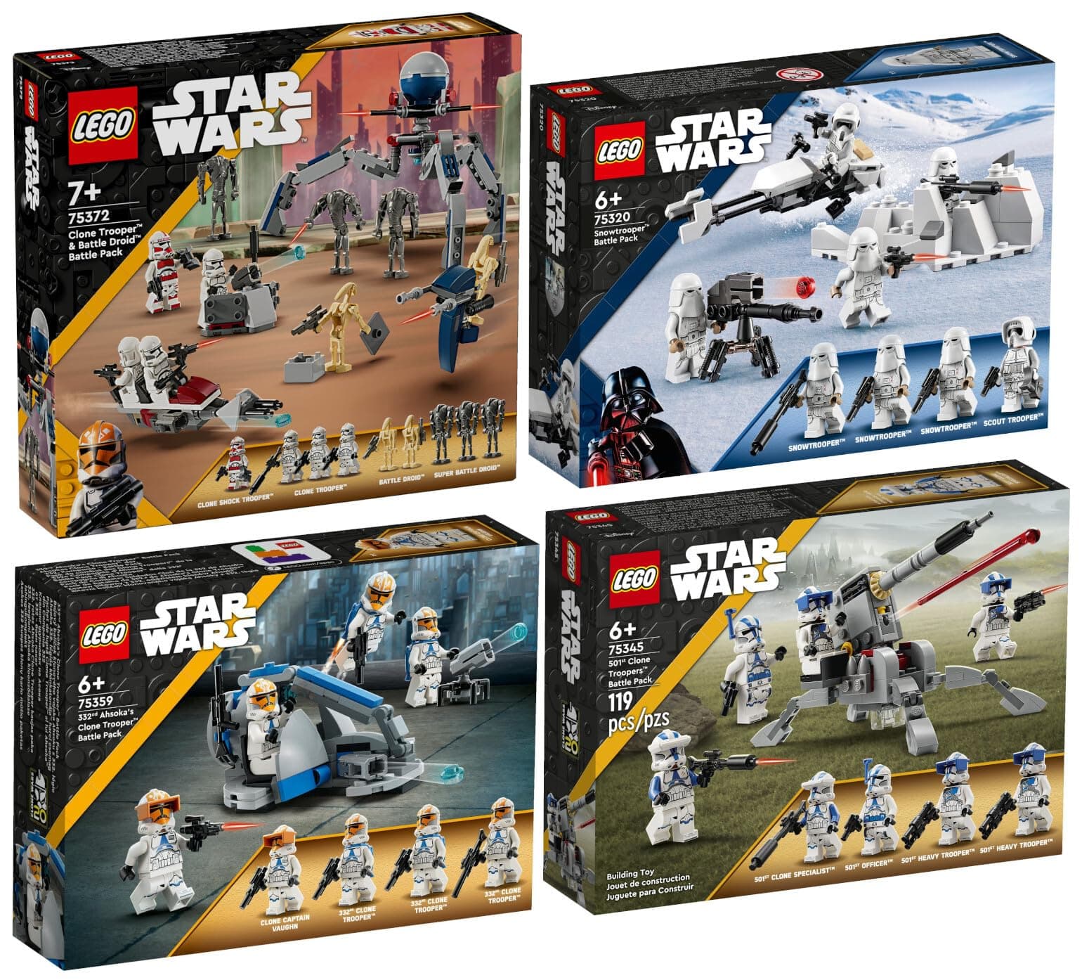 Lego Star Wars 75372 Clone Trooper & Battle Droid Battle Pack, 75359 Clone Trooper the 332nd Company Battle Pack, 75345 501st Clone Troopers Battle Pack & 75320 Snowtrooper Battle Pack - Image 1