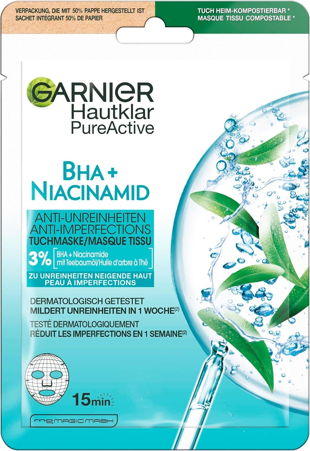 GARNIER Skin Active - Masque Tissu Anti-Imperfections - Réduit Pores, Sébum & Points Noirs - BHA, Niacinamide, Huile d’Arbre À Thé - Vegan & Cruelty Free - Tissu Compostable - Peaux À Imperfections - Image 1