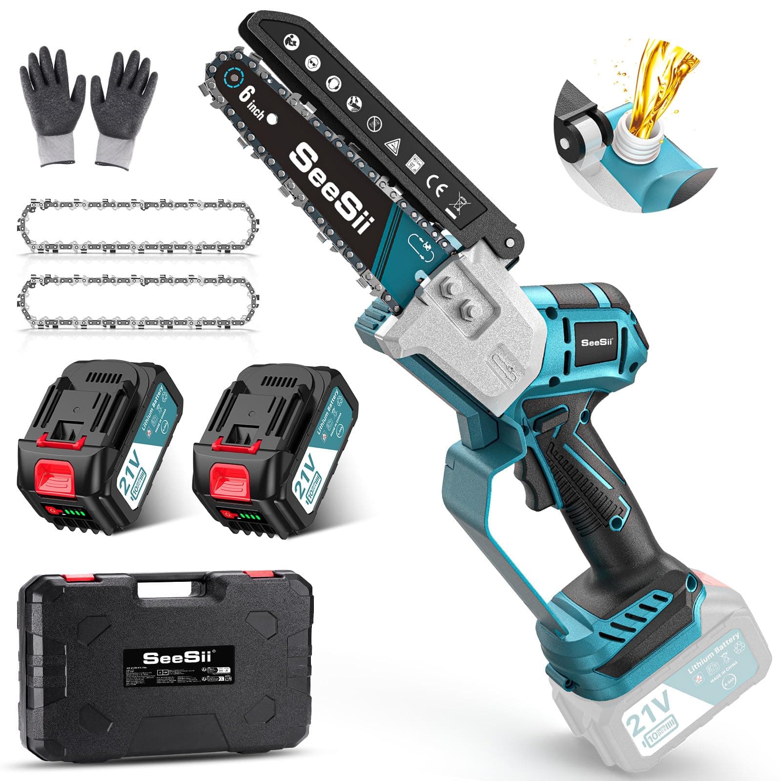 SEESII Mini 6 Inch Battery Chainsaw, Brushless Electric Chainsaw, with 2 x 4000 mAh Battery, Automatic Lubrication, Compatible with Makita 18V, Ideal for Outdoor and Gardening - Image 1
