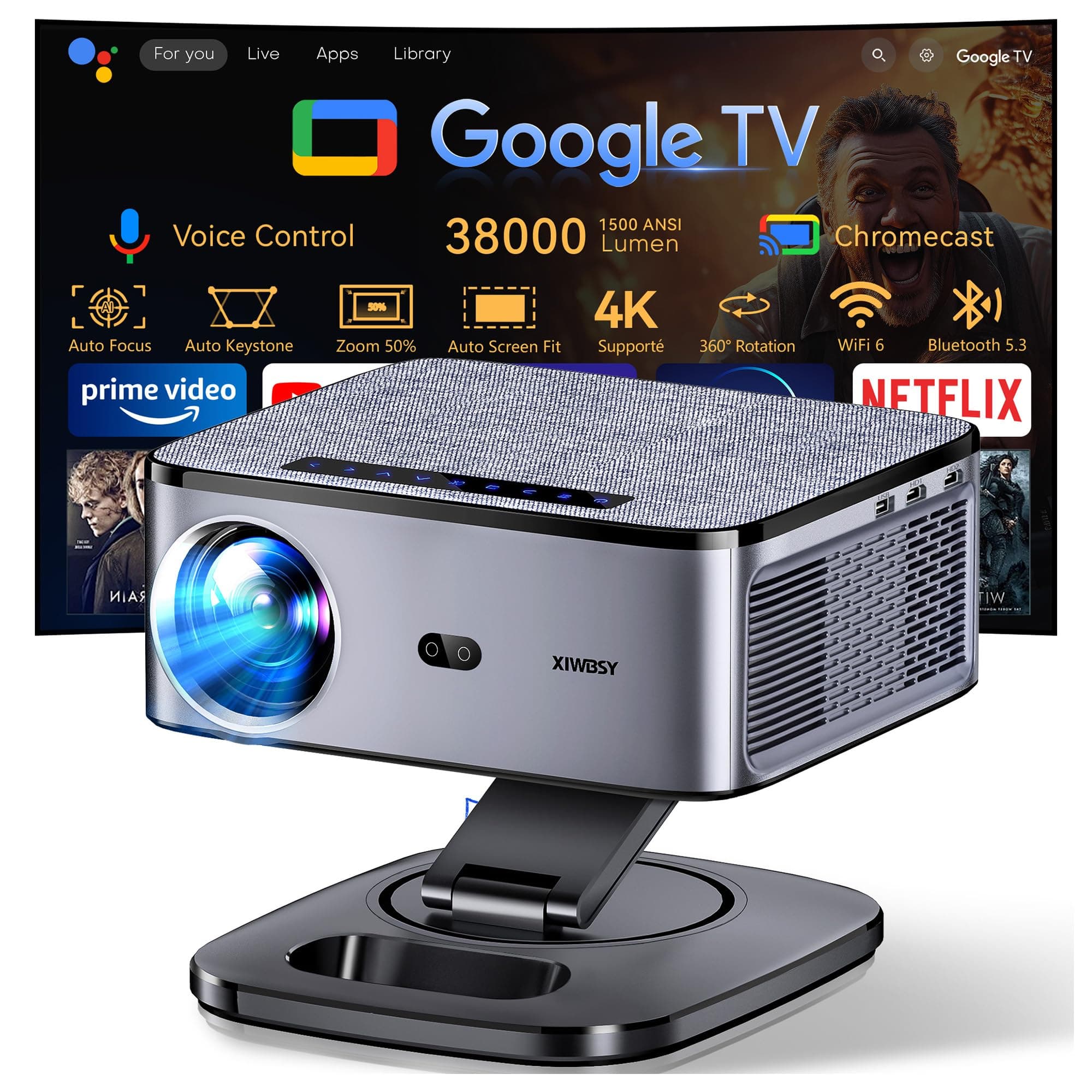 【1500 ANSI/Google TV/Auto Focus】 XIWBSY Projector 4K Supported, 38000 Lumen FHD, 360° Rotation, 4K Video Projector Voice Control, WiFi6 Bluetooth 5.3 Projector - Image 1