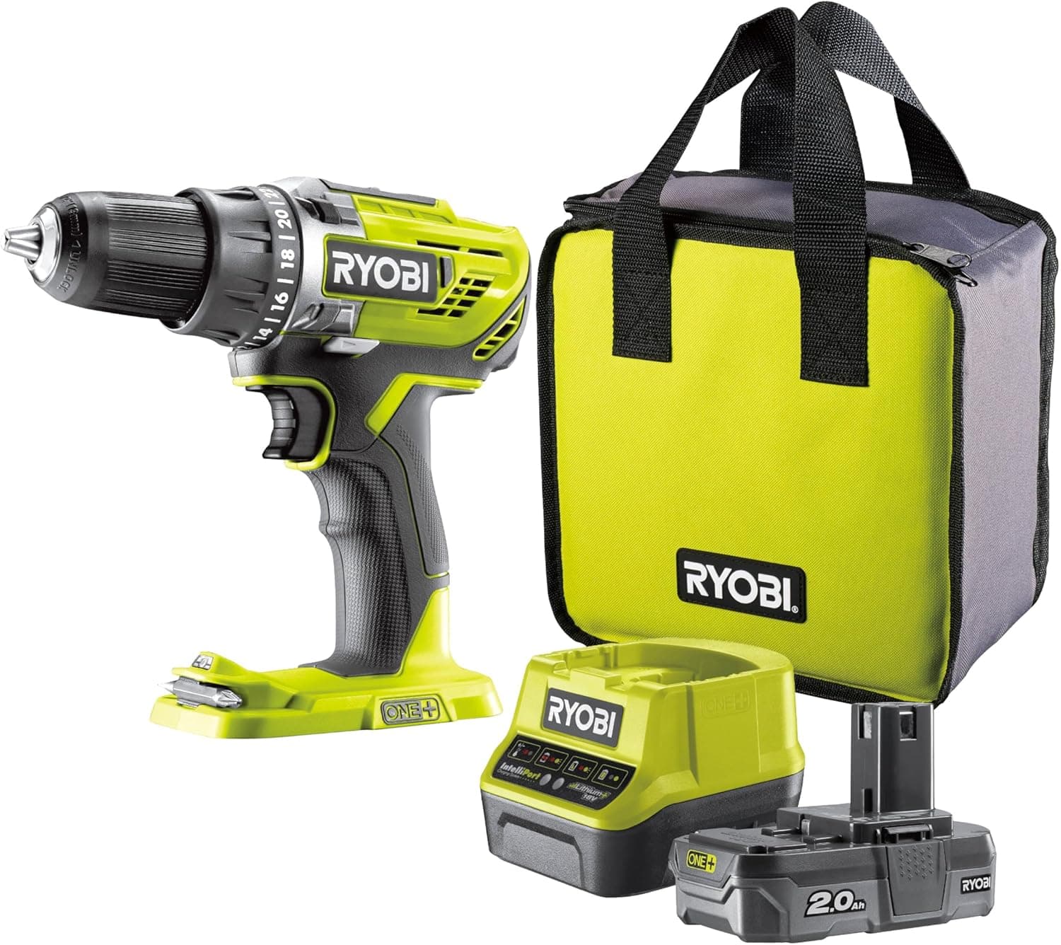 RYOBI - Perceuse-visseuse sans fil 18V - 50 Nm - 500-1 800 tr/min - mandrin 13 mm - 1 batteries lithium+ 2,0 Ah - chargeur 2,0 A - Livrée en sac de transport