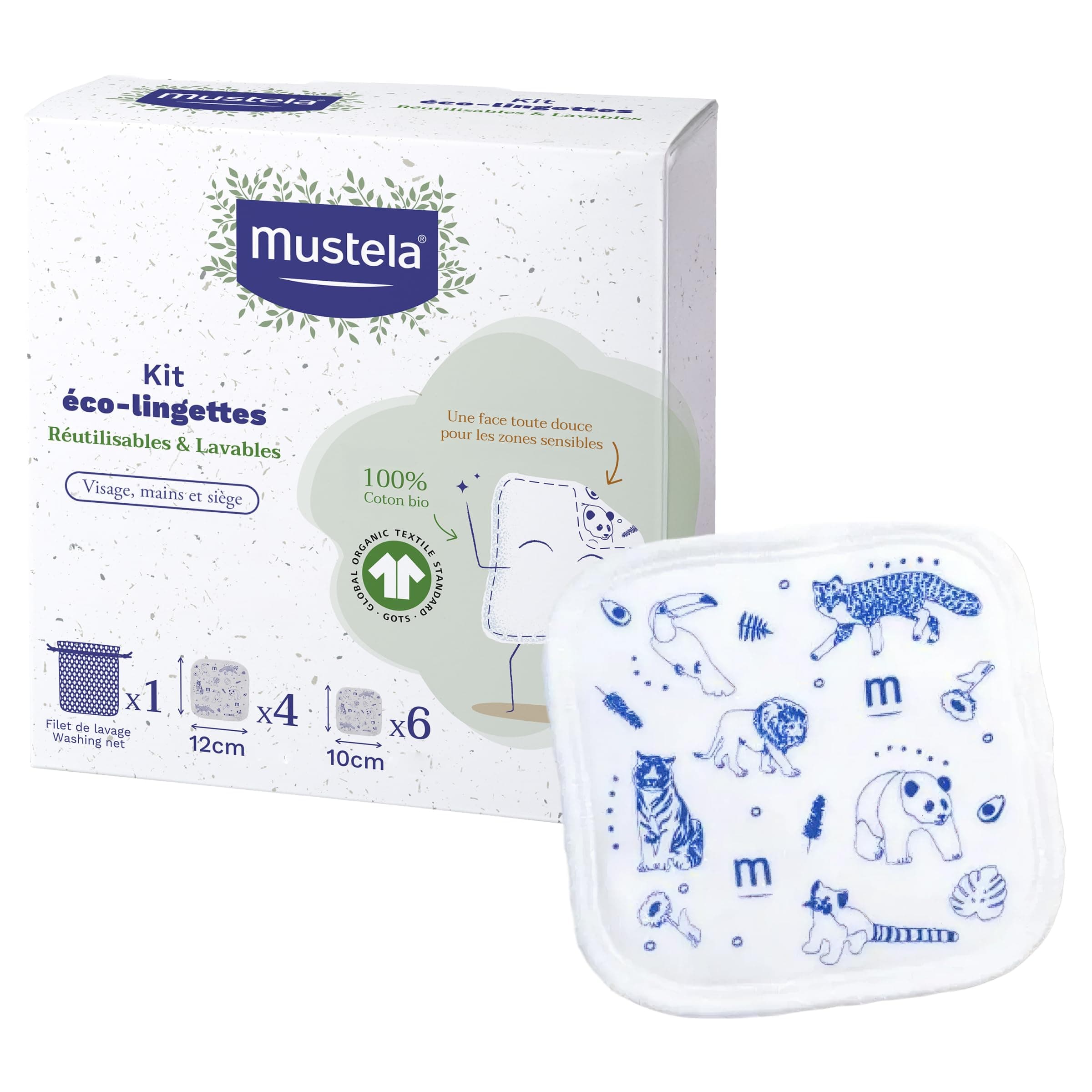Mustela GOTS 100% Cotton Reusable Wipes for Changing Body and Makeup, Baby and Family - Clean Skin and Absorb Dirt, Suitable for Sensitive Skin (10 Pcs) - Image 1