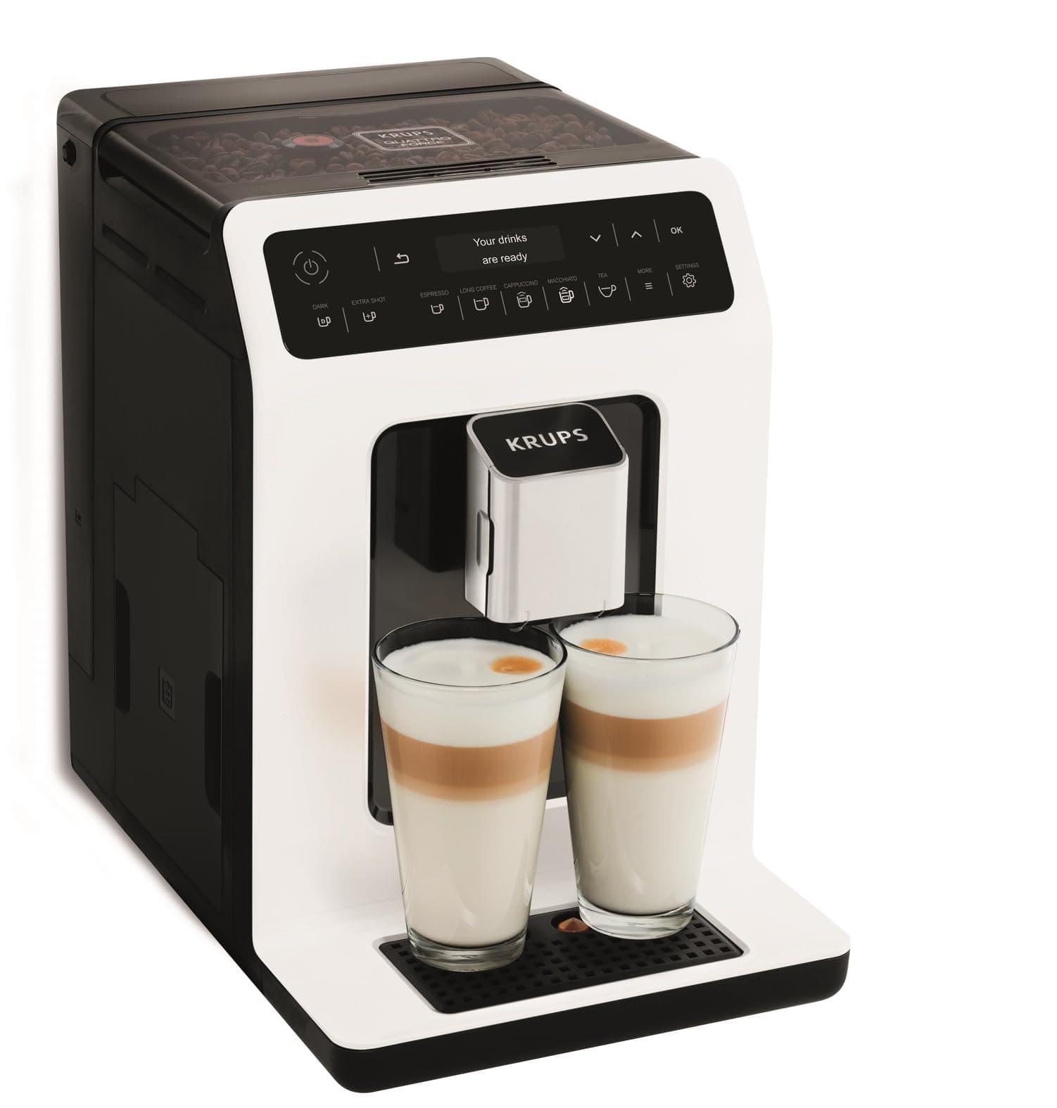 Krups Coffee Bean Machine, Grain Grinder, Espresso Maker, Cappuccino, Espresso, 15 Drinks, 2 Cups Simultaneously, Made in France, Evidence EA890110, White - Image 1