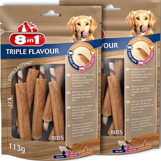 8in1 Triple Flavour Ribs - Adult Dog Chew Ribs - More Meat, More Chew Duration - Limits Tartar - Non-GMO, Artificial Preservative