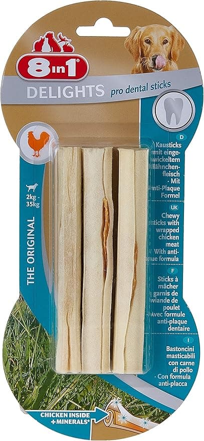 8in1 Delights Dental Sticks - Chicken and Beef Chew Sticks for Dogs - Enriched with Minerals - Prodental Limits Tartar - No Artificial Flavour - Box of 3 Sticks