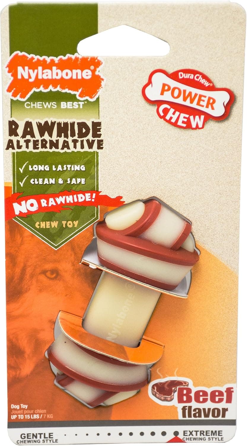Nylabone Alternative to Rawhide Chew Toy, No Mess Knotted Bone, Beef Flavour, for Small Dogs (up to 11kg), Powerful/Extreme Chew Dogs