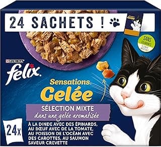 FELIX | SENSATIONS | Chat Adulte | Selection Mixte en Gelée : au Bœuf, Dinde, Poisson de l'Océan, Saumon | Aliment humide 100% complet et équilibré | Sachets Fraîcheurs | Lot de 4 (24 x 85 g)