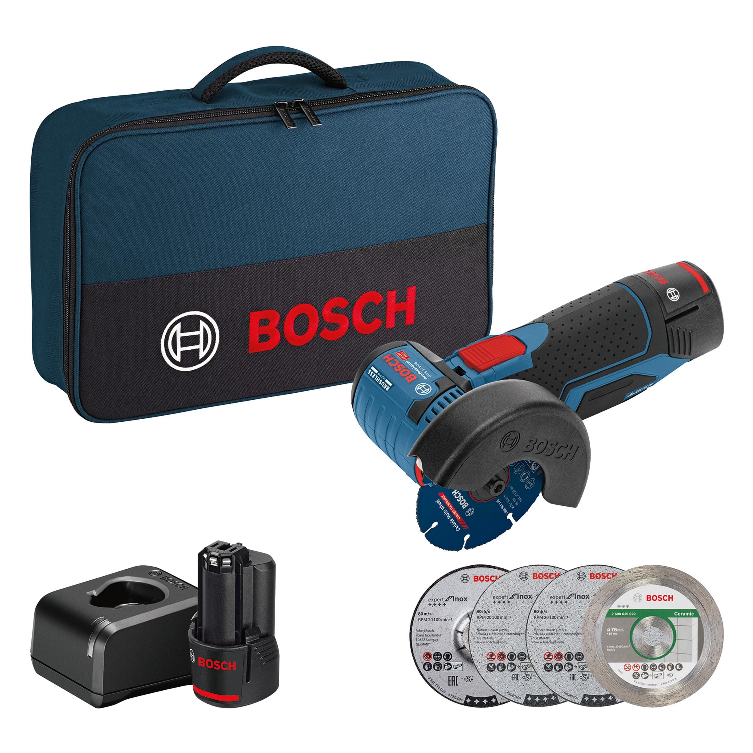 Bosch Bosch Professional 12V System Cordless Angle Grinder GWS 12V-76 (with 2 x 2.0 Ah batteries, 5-piece cutting disc set/grinding grinder, bag)