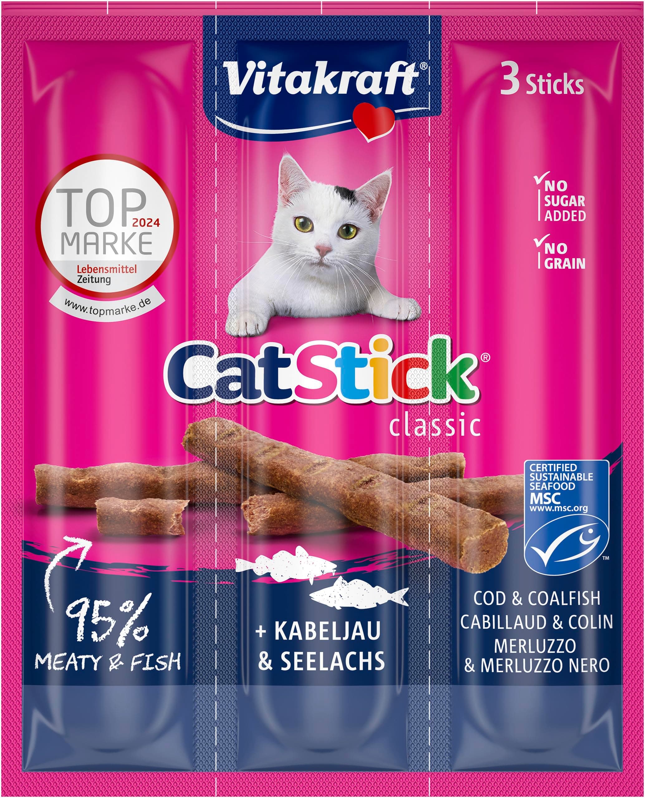 VITAKRAFT - Cat Stick Classic, Cat Treats, Stick & Cod, Economy Size, No Added Sugars, (1 Pack Of 3X6G)