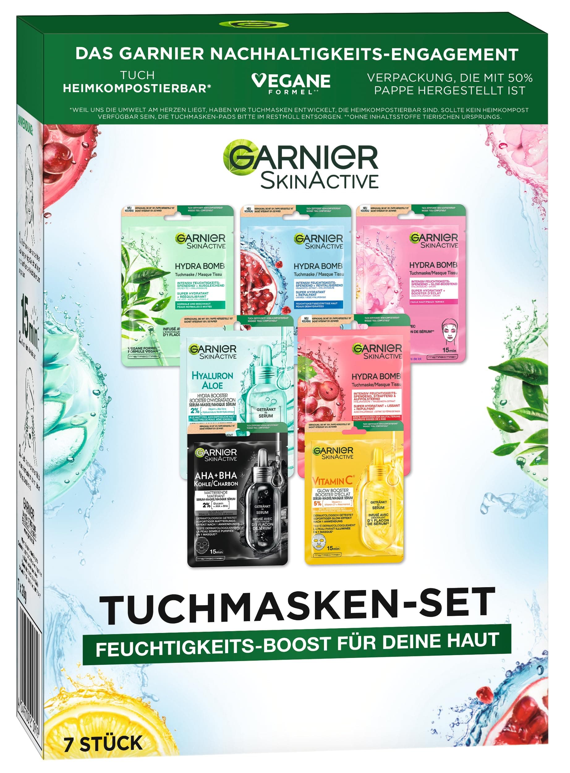 Garnier Cloth Mask Set for All Skin Types, 7 Face Masks for Dry and Normal Skin, Vegan Formula with Hyaluronic Acid, Hydra Bomb and Nutri Bomb, Set of
