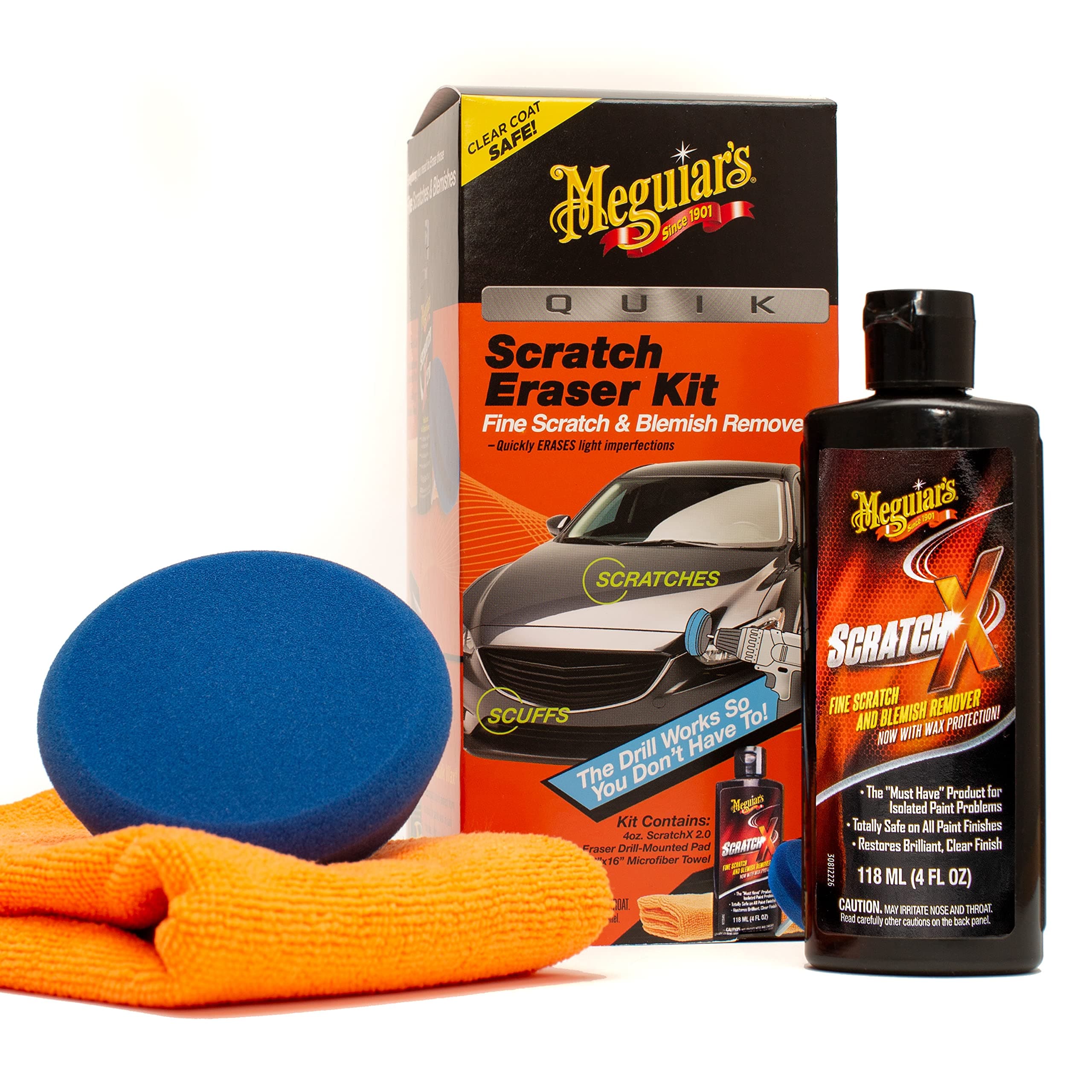 Meguiar's Meguiar's Quik Scratch Eraser Kit for Car that Eliminates Blemishes Includes Meguiar's ScratchX Drill Mounted Pad, Microfiber Towel