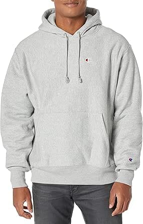 Champion Men's Reverse Weave Pullover, Block Logo Hooded Sweatshirt, Blackout