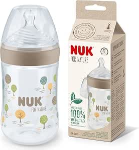 NUK for Nature Bottle | Medium Teat | 260ml | Durable Silicone Teat with Anti-Colic Ventilation | Temperature Control | BPA Free | Beige