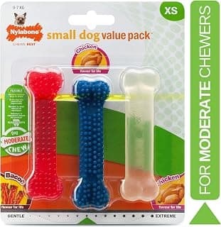 Nylabone Jouet dentaire à mâcher, lot de 3, en forme d’os, arômes poulet et bacon, pour les tout petits chiens (jusqu’à 7kg), mâchouilleurs modérés