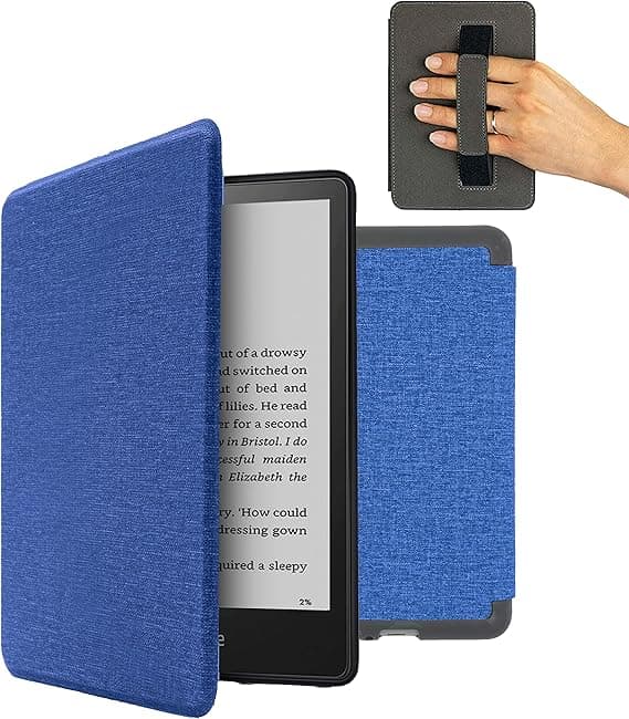 MyGadget Housse pour Amazon Kindle Paperwhite 11e Génération dès 2021 - Etui Nylon Poignée élastique - Flip Case Tissu - Cover Bleu Foncé
