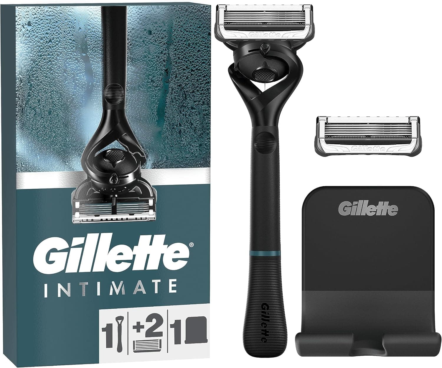 Gillette Intimate Rasoir Manuel Homme, Manche Réutilisable Et 2 Cartouches De Recharge A 5 Lames Anti-Friction Pour Protéger La Peau Du Pubis, Conçu Pour Un Rasage Facile Des Zones Intimes