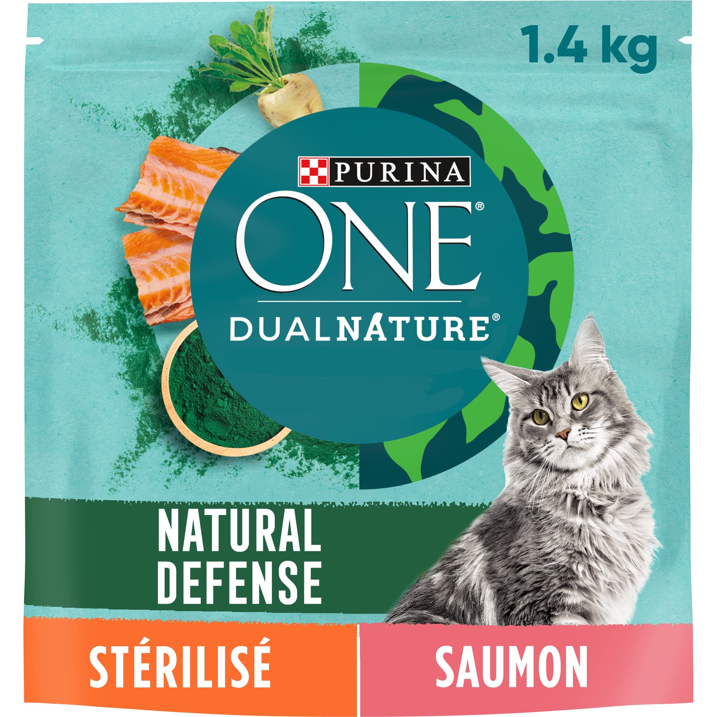 PURINA ONE | DualNature | Natural Defense | Sterilized Adult Cat | Spirulina Rich Dry Food: Strengthens Natural Defences | Reduced Carbon Footprint | Salmon | Bag | 1.4 kg