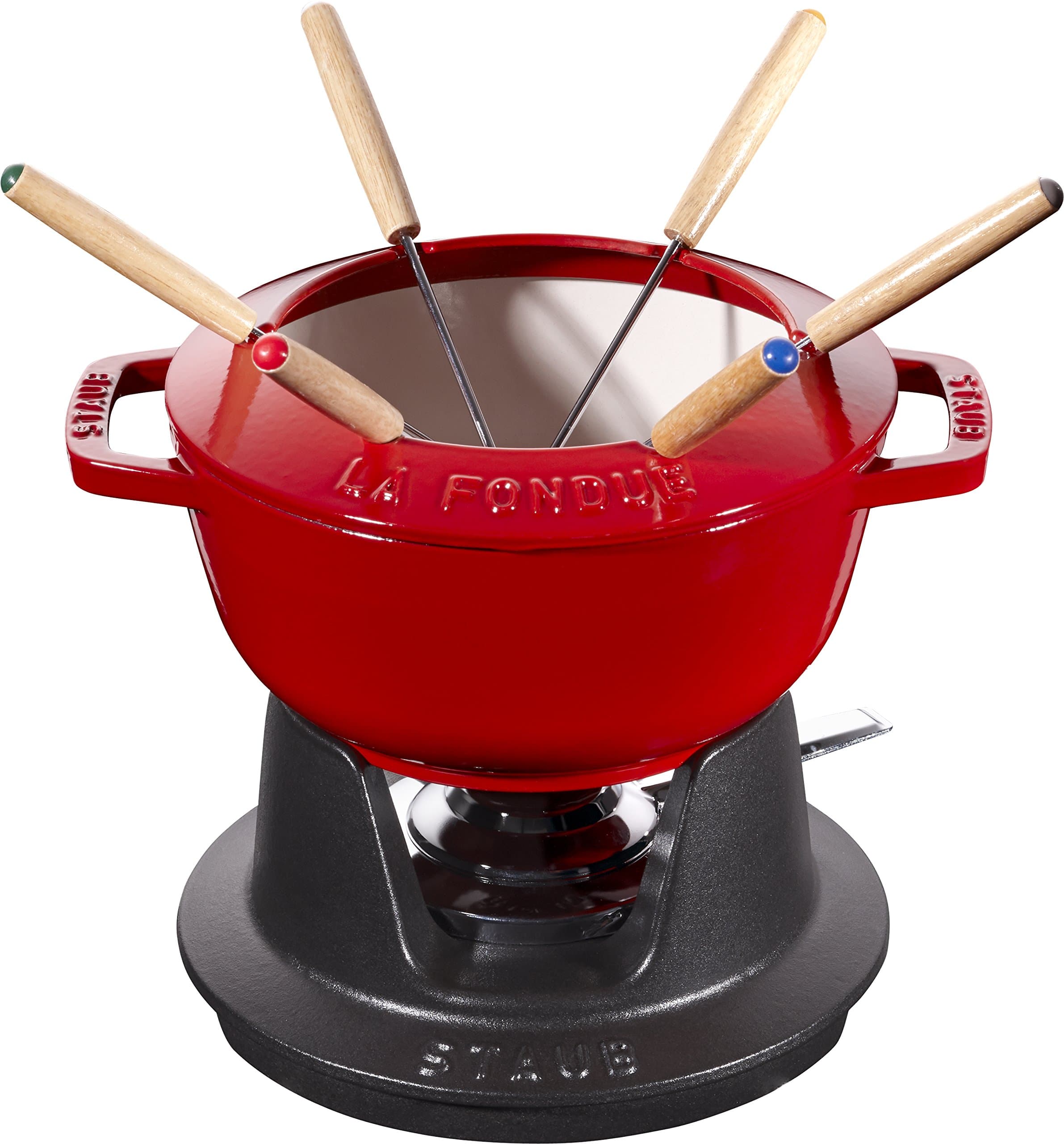 Staub STAUB Cast Iron Fondue Set with 6 Fondue Forks, for Savoyard, Burgundy and Chocolate Fondue, Diameter 18 cm, Cherry