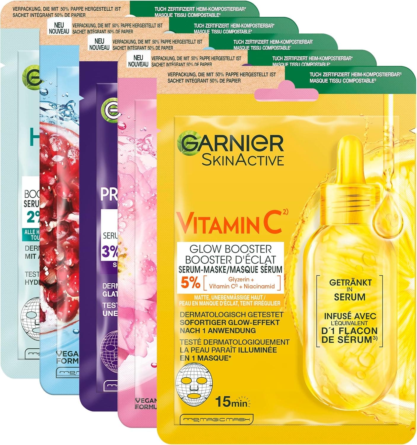 Garnier Garnier SkinActive Lot de 5 masques en tissu pour le visage, hydratant, rafraîchissant, revitalisant, lissant, doux et éclatant