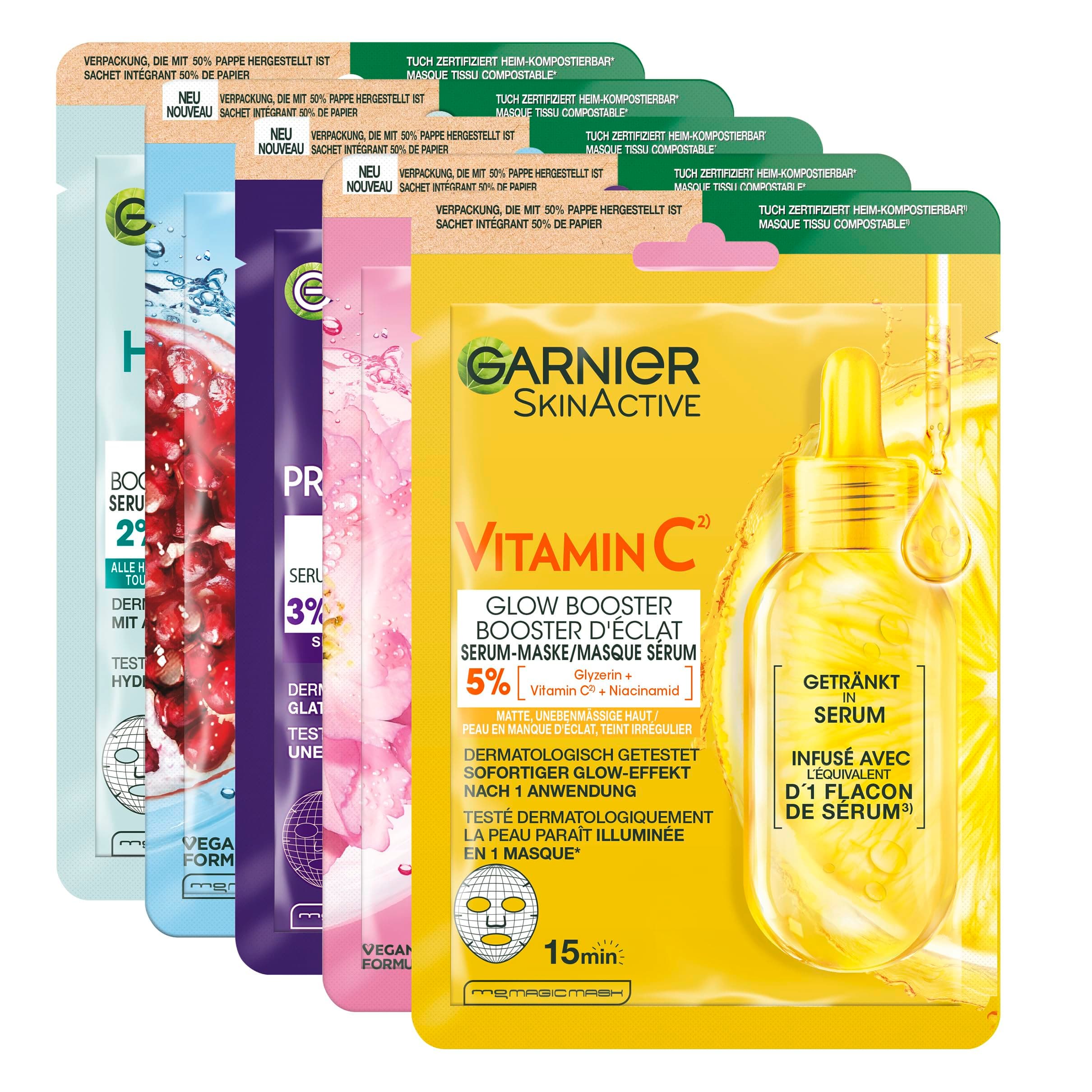 Garnier SkinActive Lot de 5 masques en tissu pour le visage, hydratant, rafraîchissant, revitalisant, lissant, doux et éclatant - Image 4