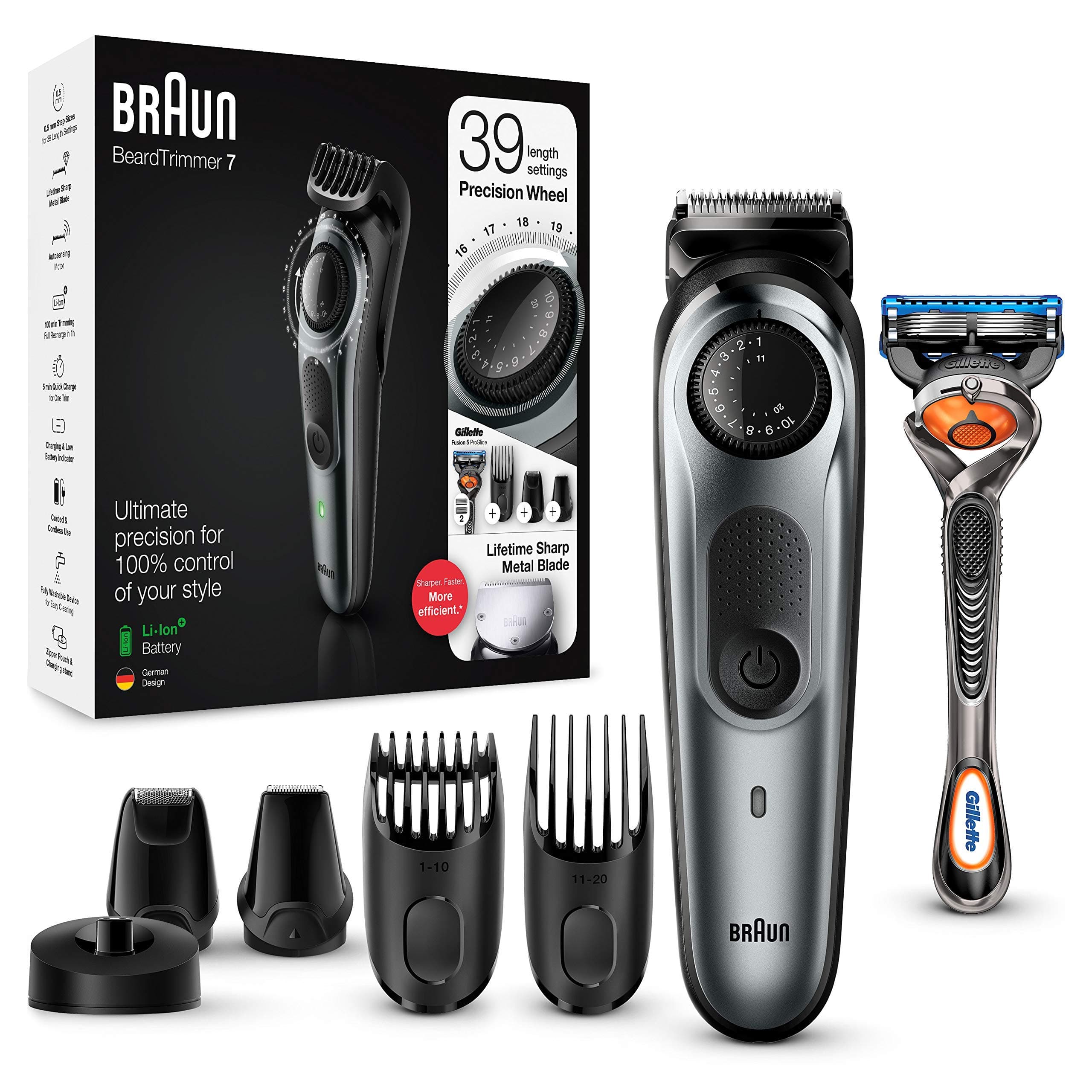 Braun BT7240 7 Men's Electric Hair and Beard Trimmer, Black/Metallic Silver, Sharp and Wear-resistant Blades, 39 Length Settings, BT7240