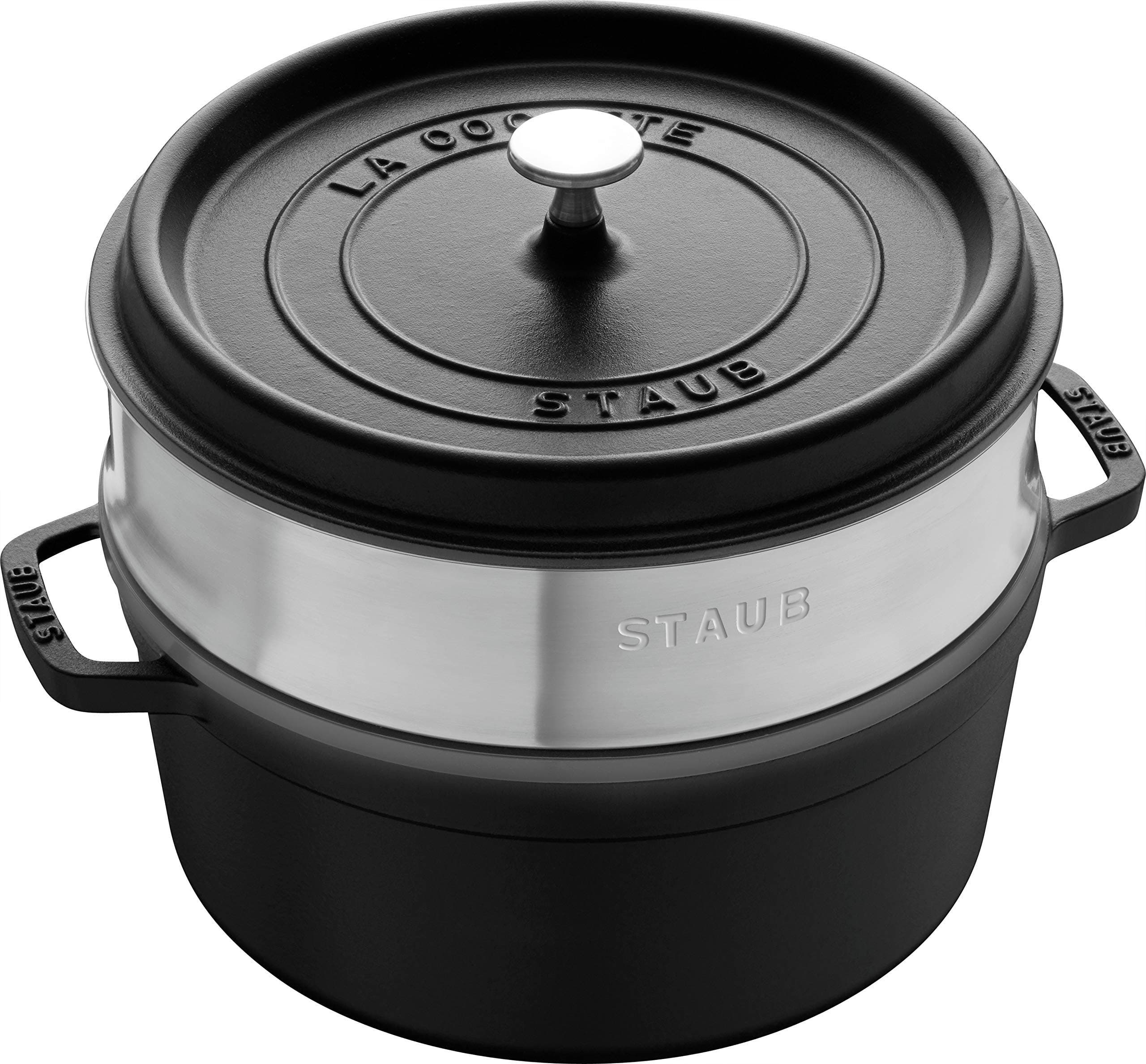 STAUB Enamelled Cast Iron Casserole Dish with Lid and Steam Basket, Suitable for All Heat Sources Including Induction, 4 to 5 People, Round, 26 cm, 5 L, 7.2 kg, Matte Black