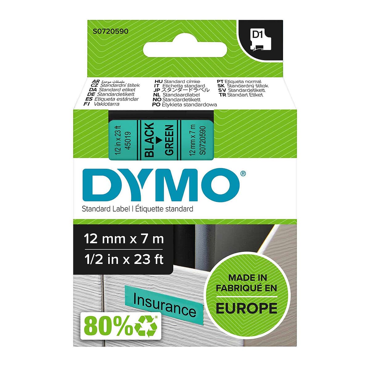 DYMO Ruban D1 Standard - noir sur vert 12 mm x 7 m