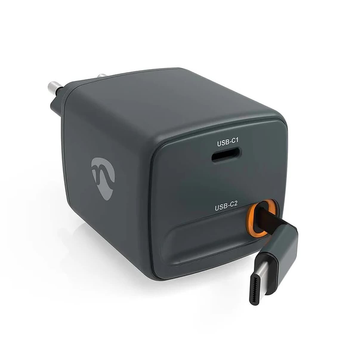 Nedis Chargeur mural 30W 2 ports USB-C dont 1 avec câble rétractable - GaN - PD 3.0 30W (Noir)